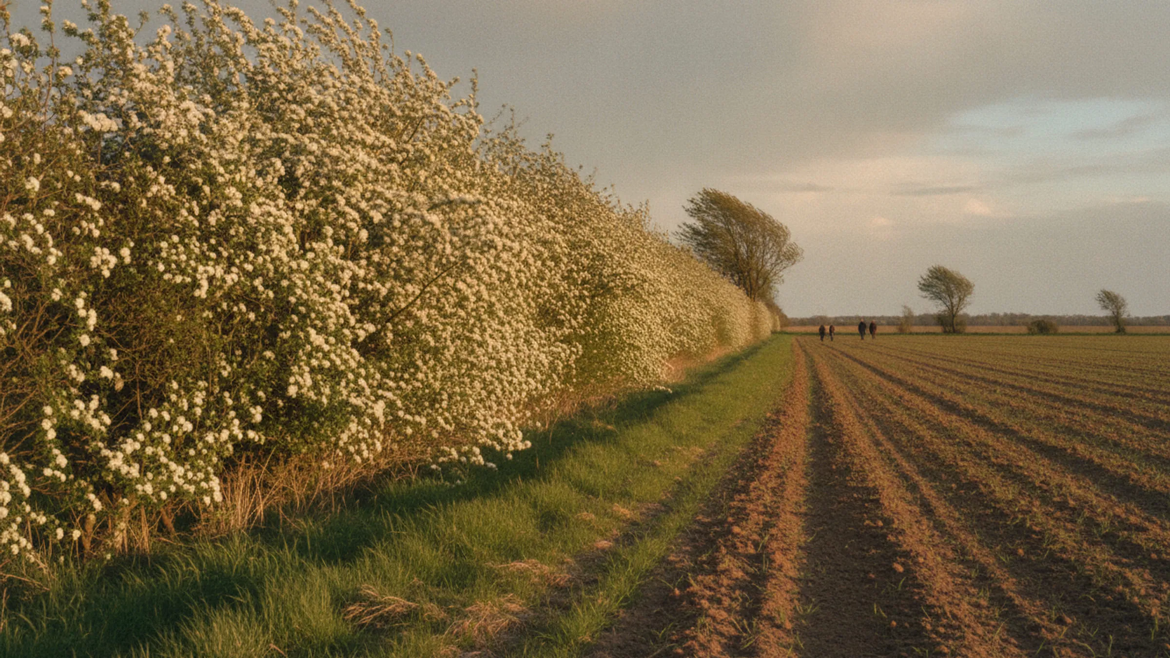 Blomstrende tjørnehegn langs en mark, hvide blomster bevæget af vinden.