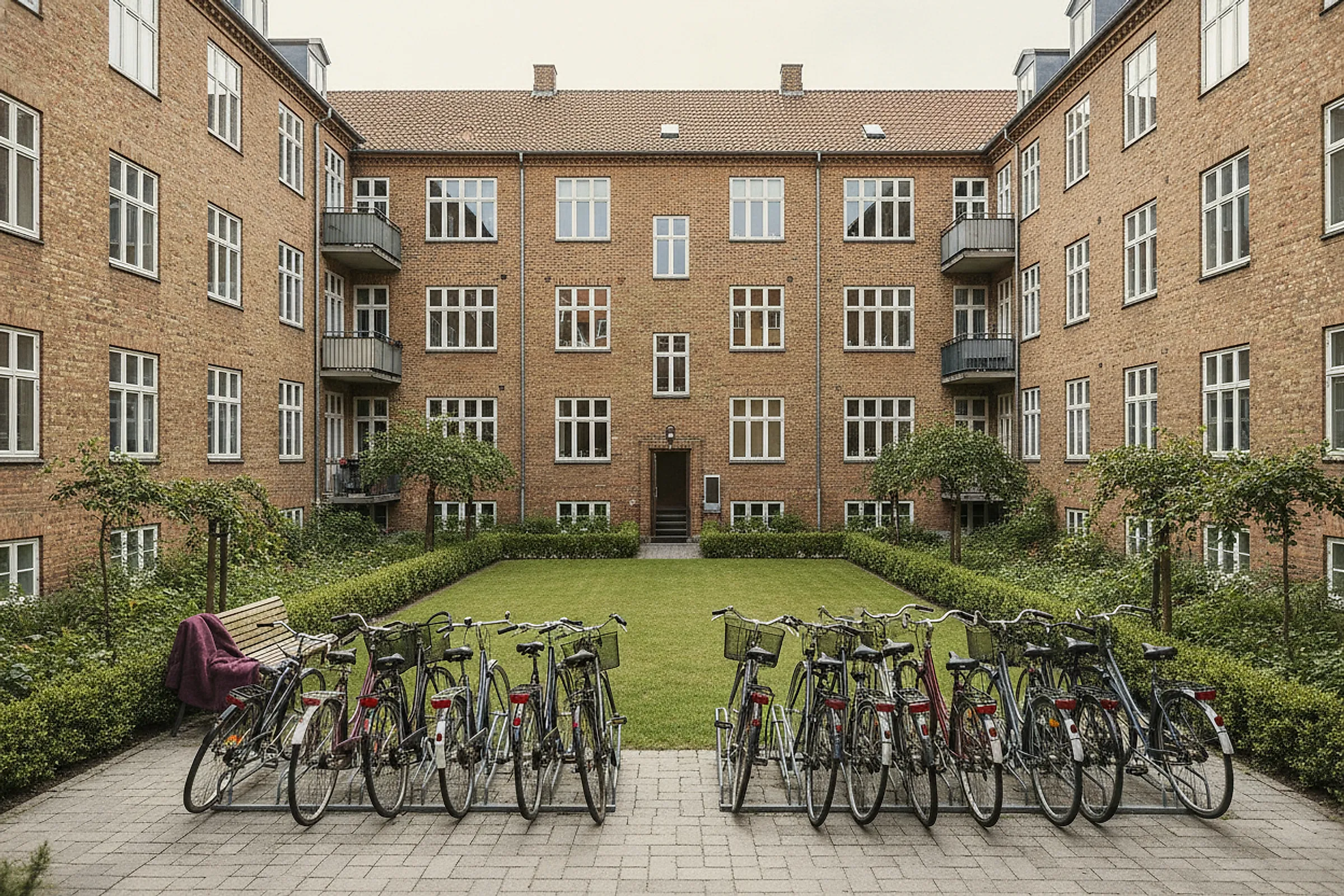 Gårdsiden af en 1930'er-karré med fælles gårdhave, fyldte cykelstativer og en opgangsdør med dørtelefon.