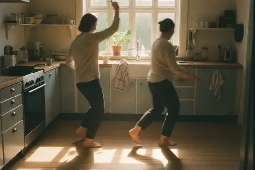 To danser barfodet på køkkengulvet i eftermiddagssol