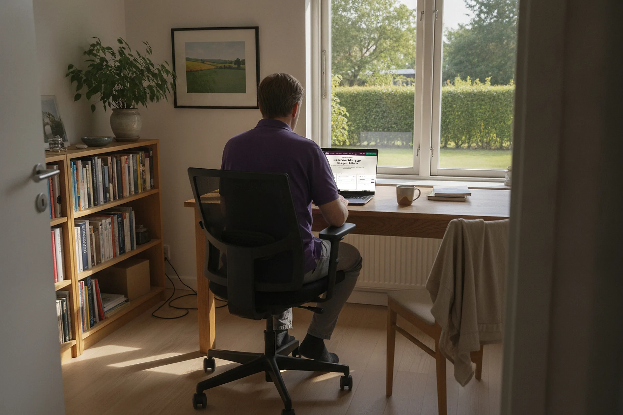 Partner arbejder ved en bærbar computer på et hjemmekontor med bogreol og udsigt til en have.