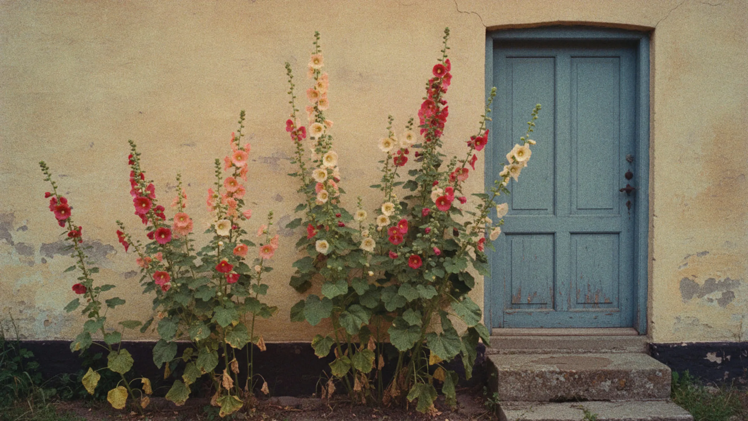 Stokroser i blomst op ad en kalket mur ved siden af en blå trædør med en stentrappe foran.