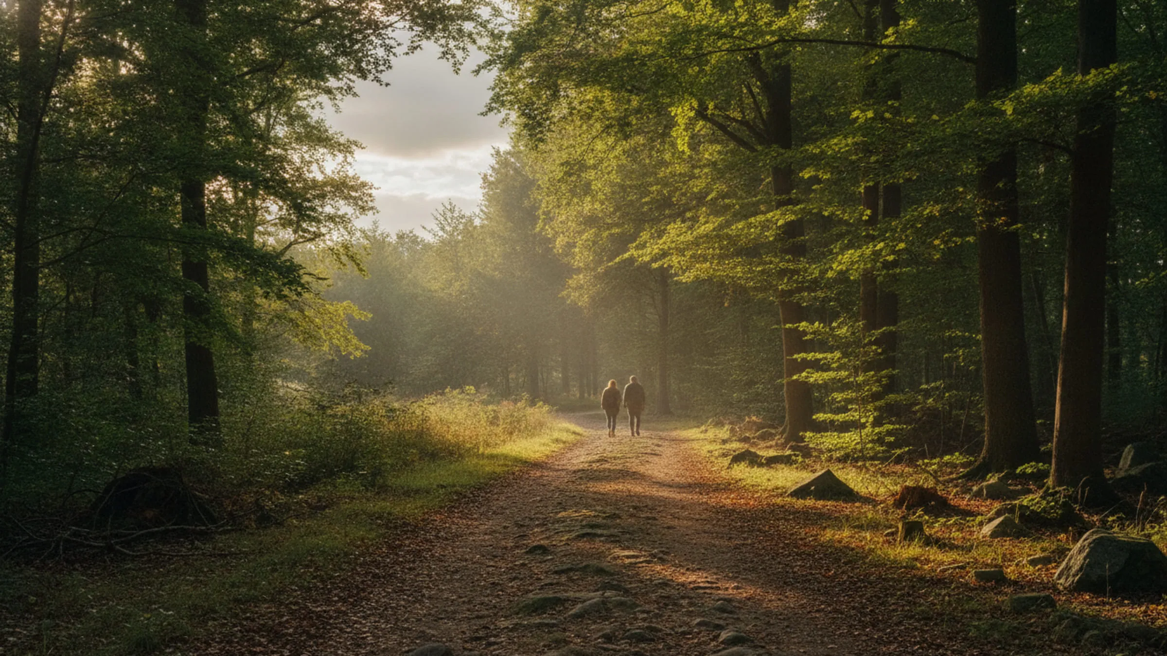 Skovsti under tæt sommerløv med pletter af sollys på stien.