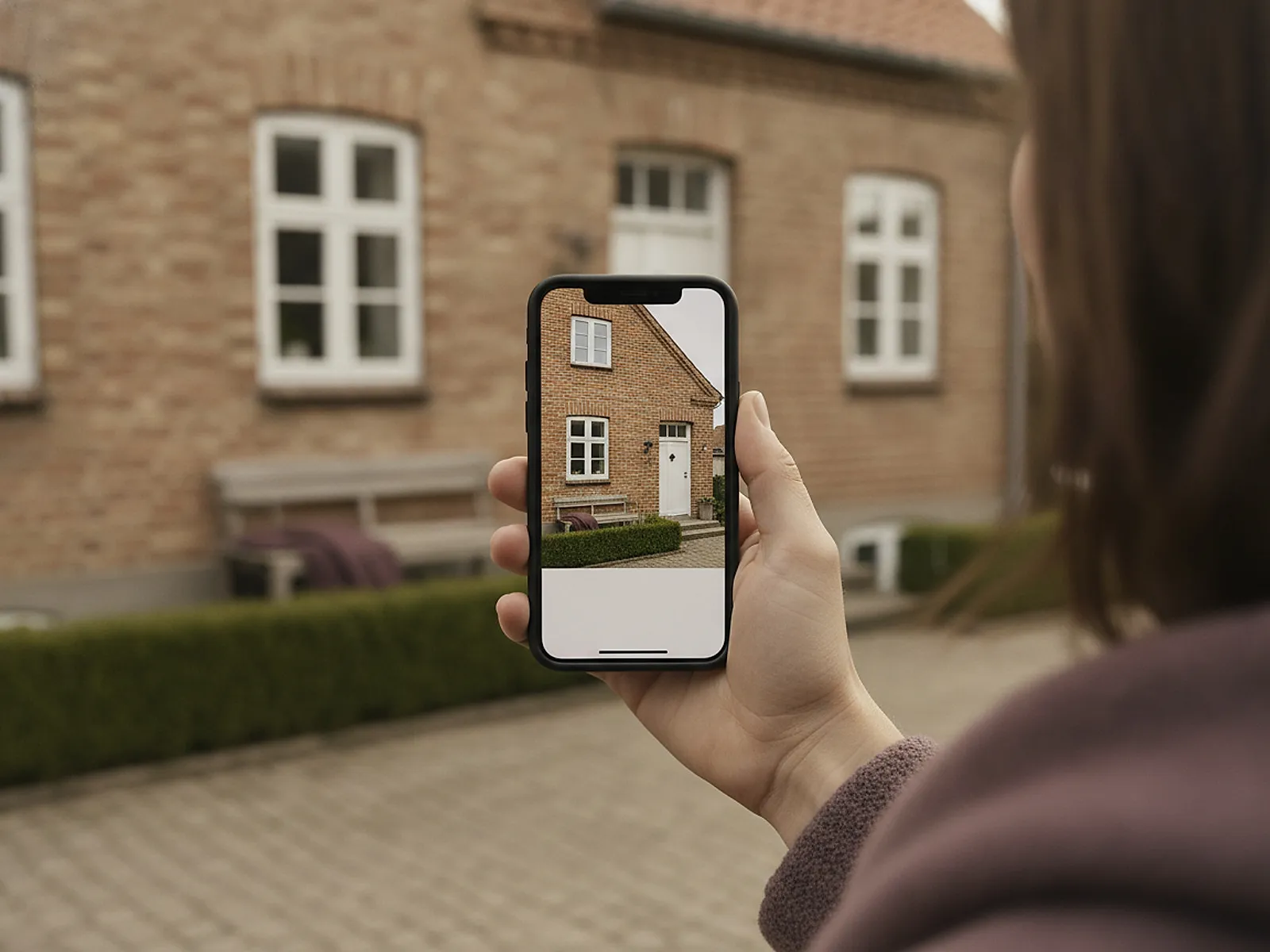 En hånd holder en telefon op foran en dansk murstensfacade med et foto af det samme hus på skærmen.