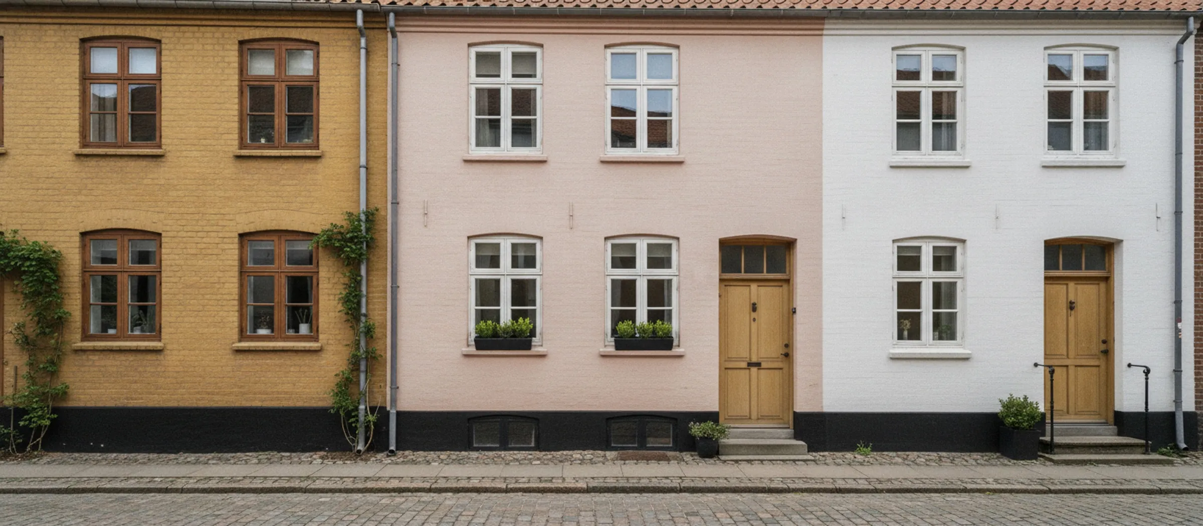 Tre sammenbyggede byhuse i gult, lyserødt og hvidt ud til en brostensgade.