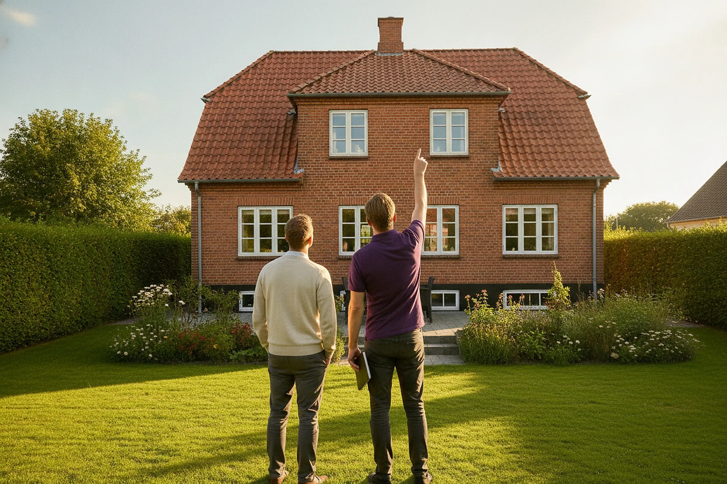 Partner og sælger står i haven foran et rødt murstenshus. Partneren peger op mod første sal.