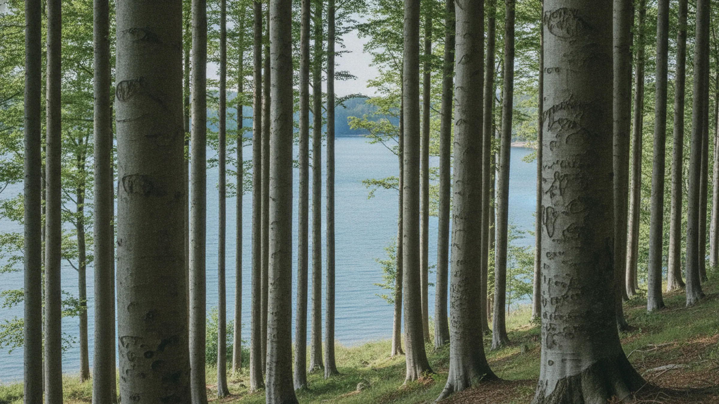 Glatte bøgestammer på en skrænt med blankt vand og en skovklædt kyst bag dem.