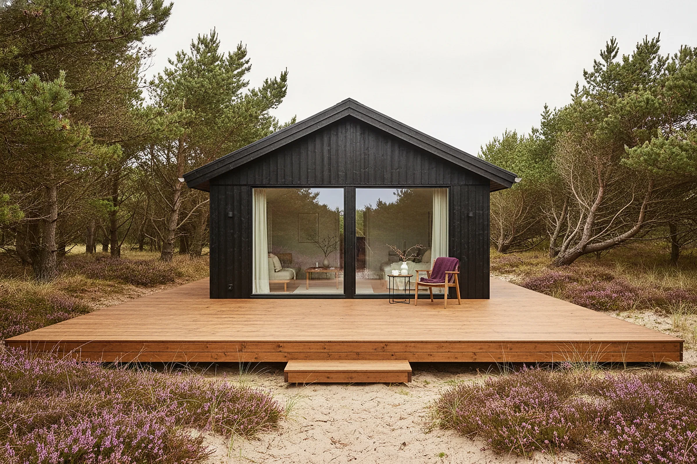 Sortmalet træsommerhus mellem fyrretræer og blomstrende klitlyng med en tom, nyoliet træterrasse i eftermiddagssol.