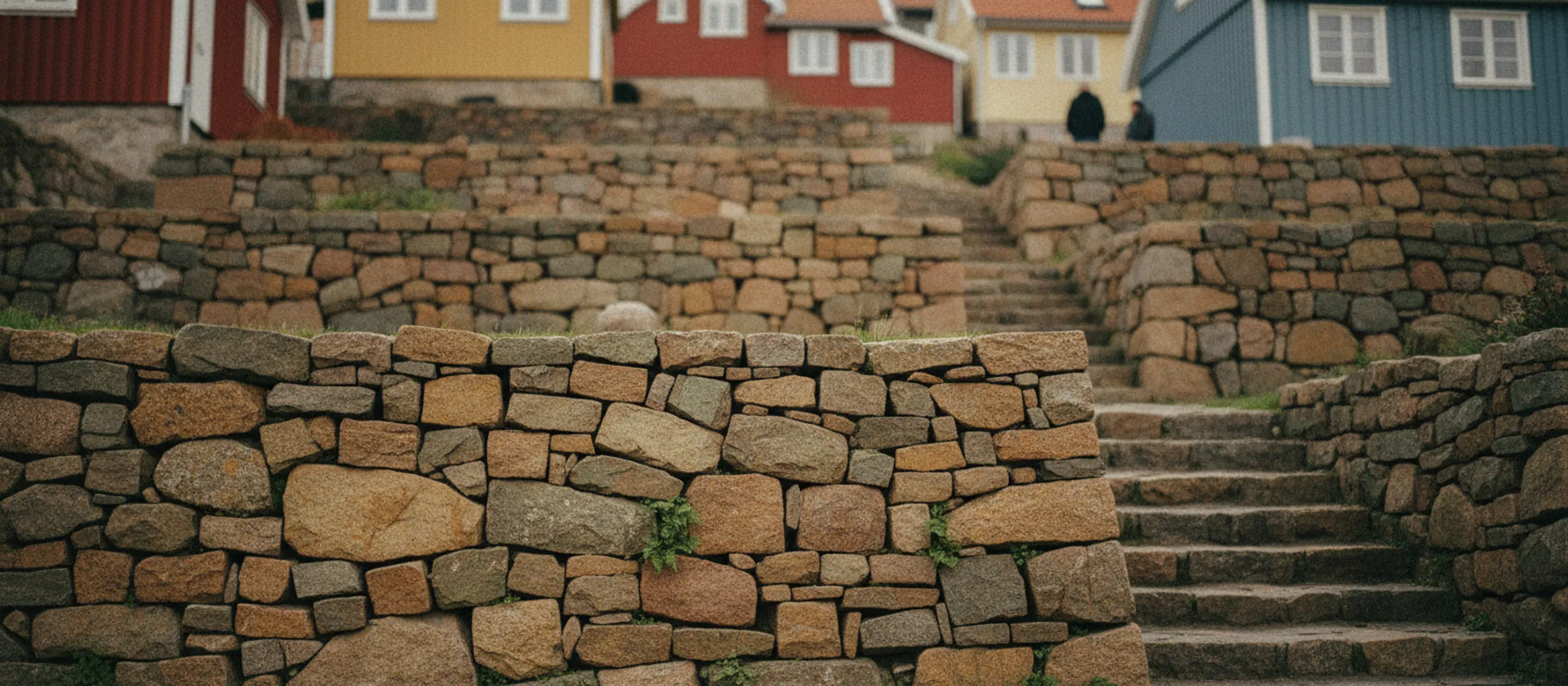 Terrasseret have på en skråning med stensætning, trappetrin og huse over hinanden.